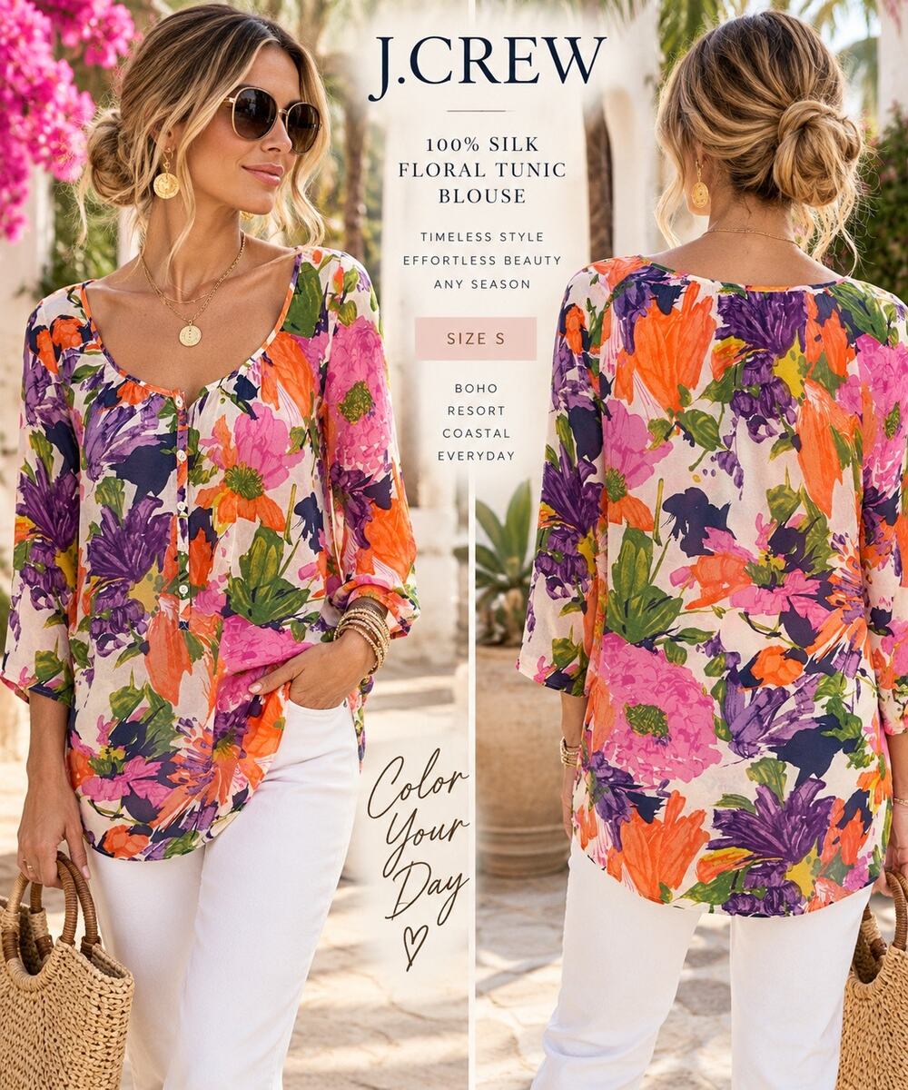 J.Crew 100% Silk Floral Tunic Blouse S Watercolor Boho Resort Dopamine Dressing